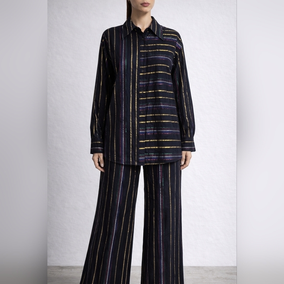 FARM Rio Metallic Stripe Cotton Lurex Shirt & Pants Outfit Set NWT Size L